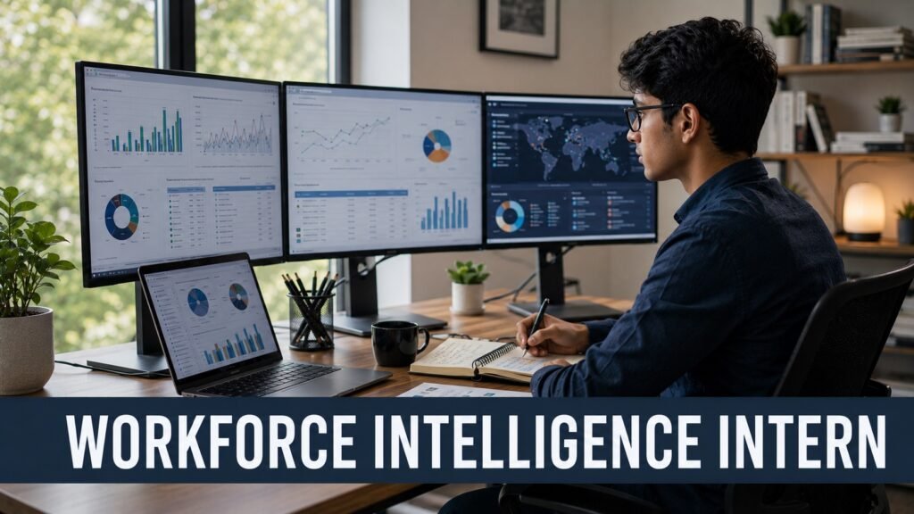 Micron Skills-Based Hiring and Workforce Intelligence Internship Career Guide: Skills, Pay, Resume Tips, and How to Apply Workforce intelligence intern reviewing HR analytics dashboards, skills gap reports, and talent acquisition data in a modern home office
