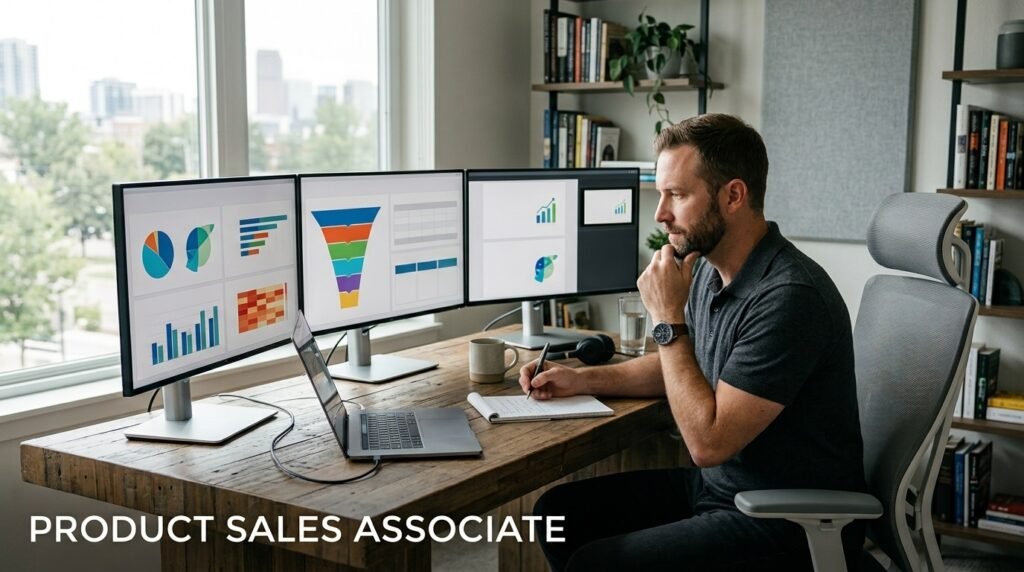 Remote product sales associate reviewing advertising measurement dashboards, CRM pipeline data, client account plans, and audience analytics charts.