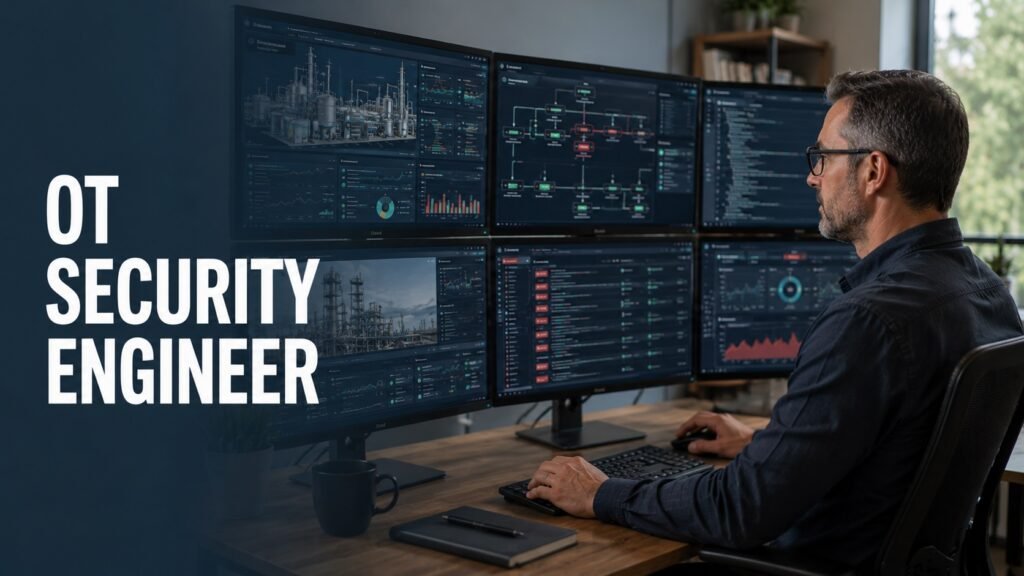 Senior OT Security Engineer Careers at Hershey: Remote ICS Cybersecurity Skills, Salary, Resume Tips & How to Get Hired Senior OT security engineer working remotely with industrial control system dashboards, SCADA diagrams, firewall rules, and manufacturing cybersecurity reports.