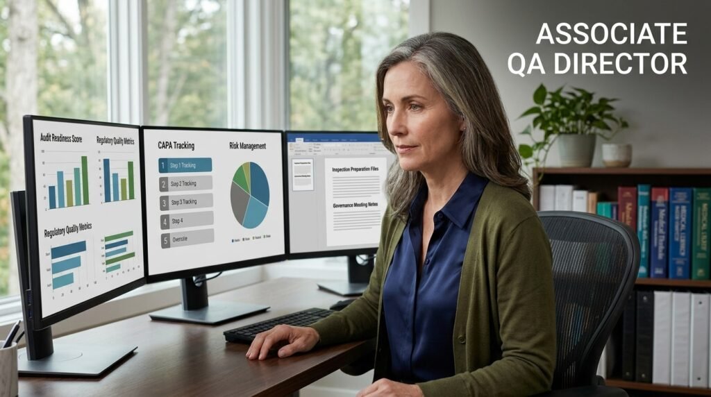 Associate QA Director Careers at IQVIA: Remote Clinical Quality Skills, Salary, Resume Tips & How to Get Hired Remote clinical quality assurance director reviewing audit readiness reports, CAPA tracking documents, risk management charts, and inspection preparation files.