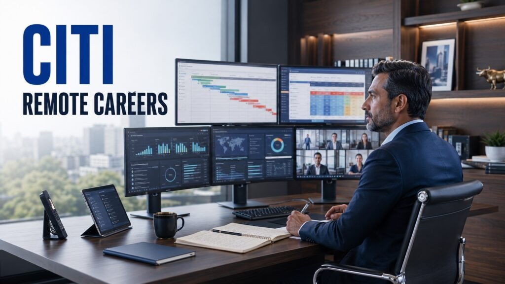 Professional project manager working remotely while leading enterprise financial transformation projects representing Citi remote career opportunities.