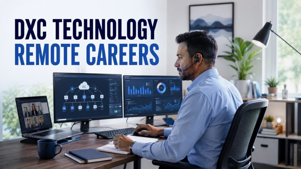 DXC Technology Work-From-Home Jobs & Careers Guide 2026: Remote Roles, Skills, Salaries and Hiring Process Enterprise technology consultant exploring DXC Technology remote careers from a professional home office