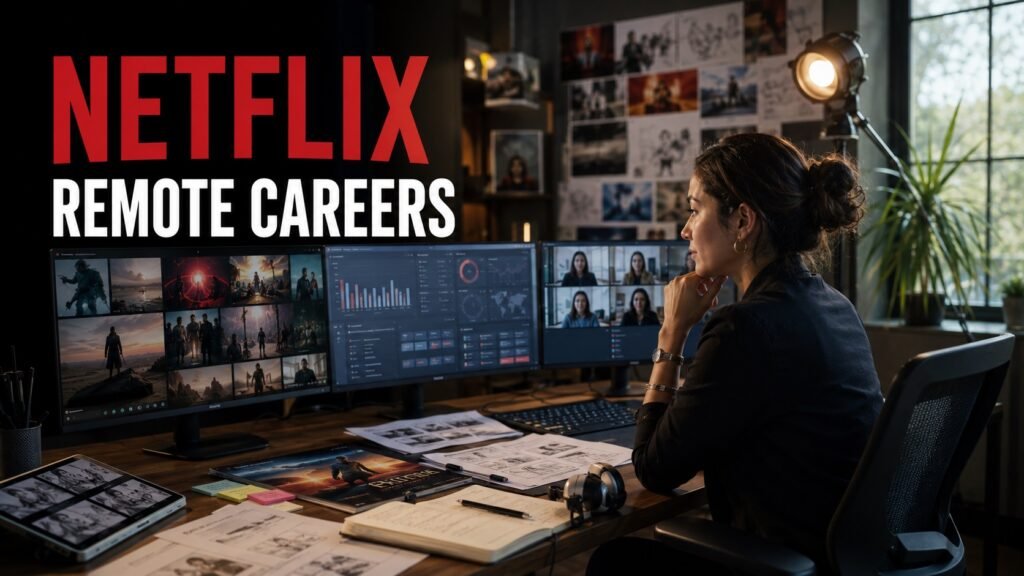 Creative strategist researching Netflix remote jobs from a professional home studio