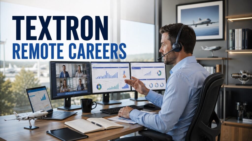 Professional account manager exploring Textron remote career opportunities from a modern home office.
