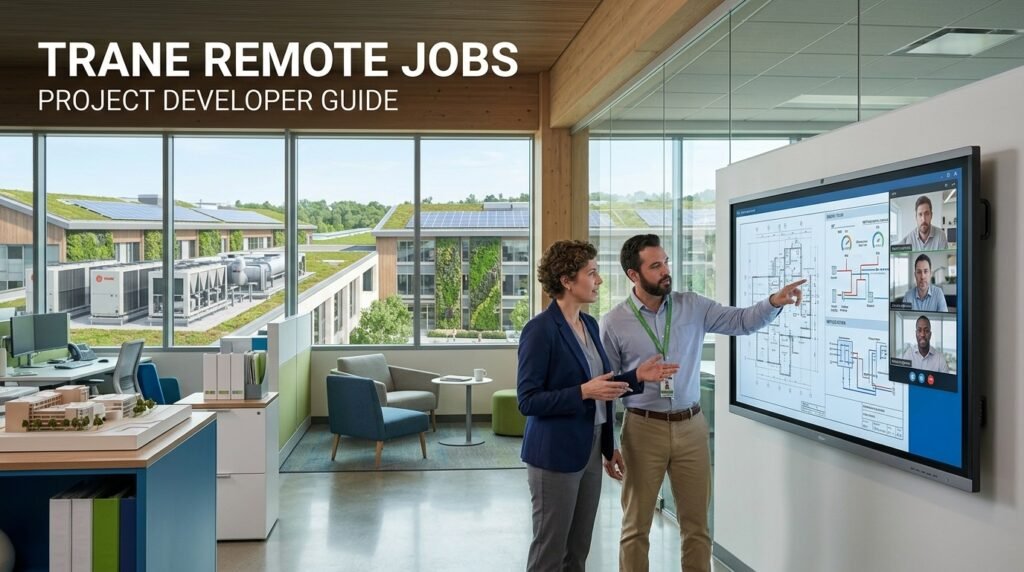 Trane Remote Jobs: Project Developer Career Guide, Salary, Skills & How to Apply Project Developer reviewing sustainable building engineering plans for Trane Technologies remote careers guide.