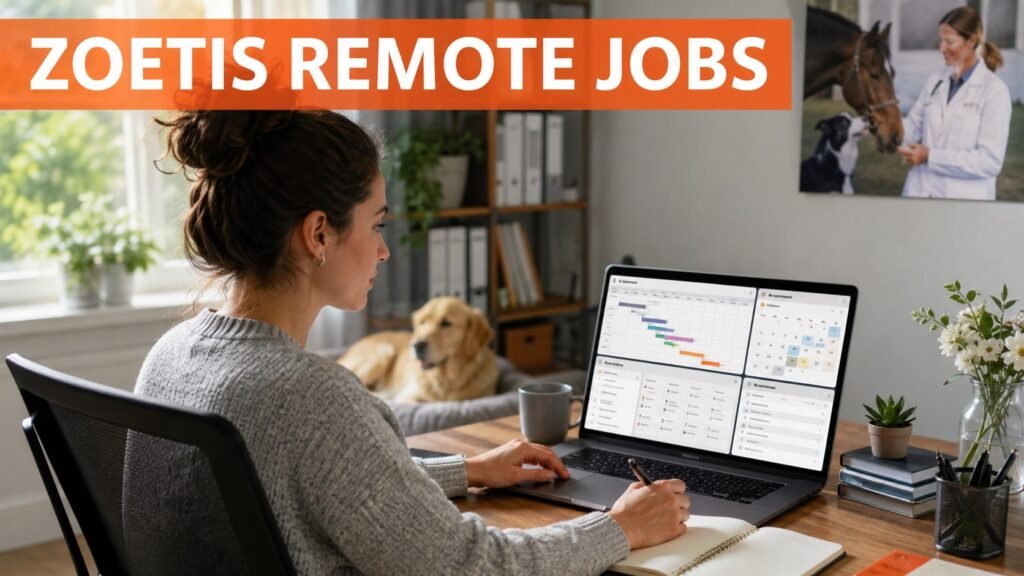 Professional project management associate working remotely representing Zoetis remote jobs and project management career opportunities.