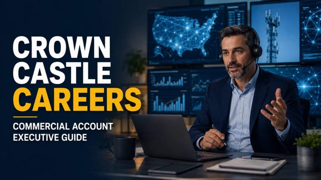 Crown Castle Careers and Remote Jobs: Commercial Account Executive Application Guide Commercial Account Executive presenting telecommunications infrastructure solutions during a virtual enterprise customer meeting.