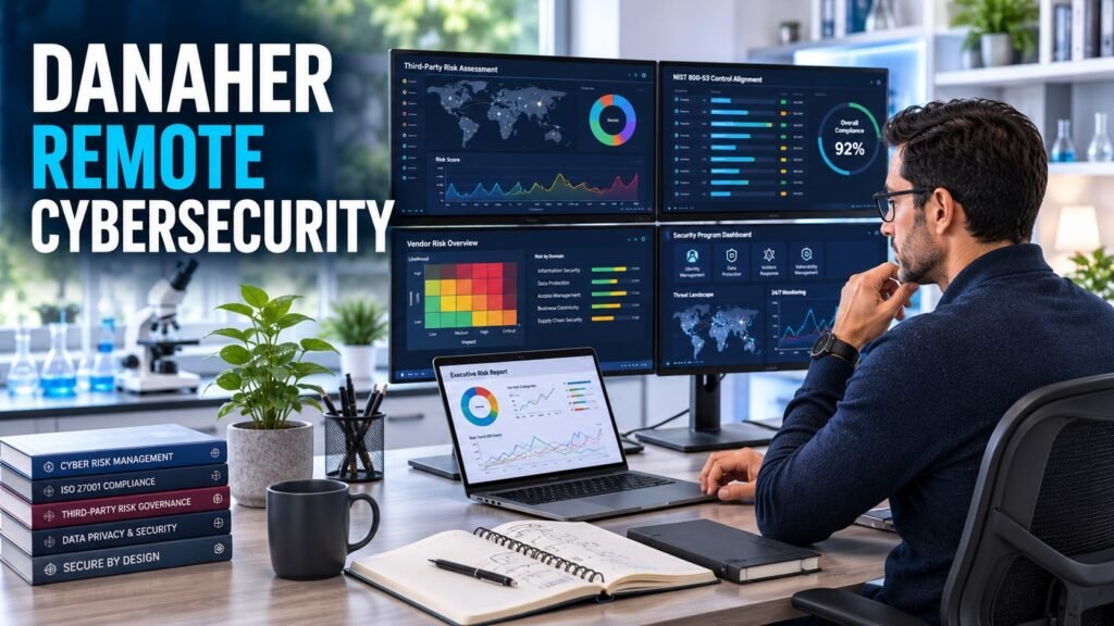 Danaher Remote Jobs and Cybersecurity Risk Careers 2026: Roles, Salary, Skills and How to Apply Cybersecurity risk analyst reviewing vendor security and compliance information for a Danaher remote careers guide.