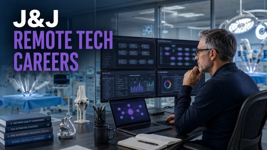 Johnson & Johnson Remote Jobs and Software Quality Careers 2026: Roles, Skills and How to Apply Software quality engineer reviewing regulated medical-device software for a Johnson & Johnson remote careers guide.