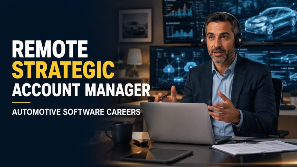 Remote Strategic Account Manager Jobs in Automotive Software: Skills, Resume and Application Guide Remote Strategic Account Manager presenting enterprise automotive software solutions during a virtual client meeting from a professional home office.