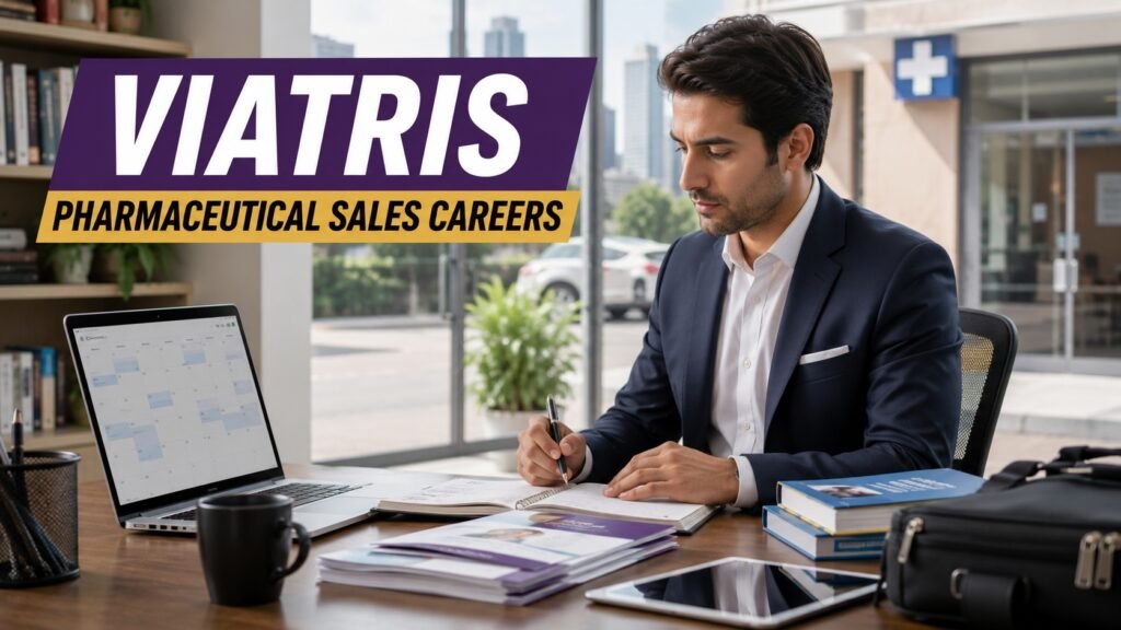 Professional pharmaceutical sales representative preparing for a Viatris-style field sales career from a modern home office.