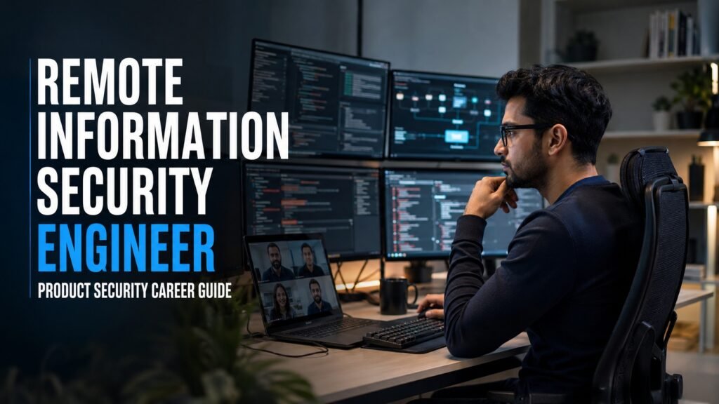 Remote Information Security Engineer reviewing software vulnerabilities and secure development pipelines from a professional home office.