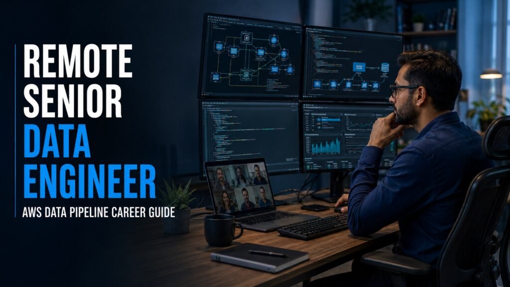 Remote Senior Data Engineer Jobs: AWS Data Pipeline Career Guide Remote Senior Data Engineer designing AWS cloud data pipelines and enterprise analytics infrastructure from a professional home office.