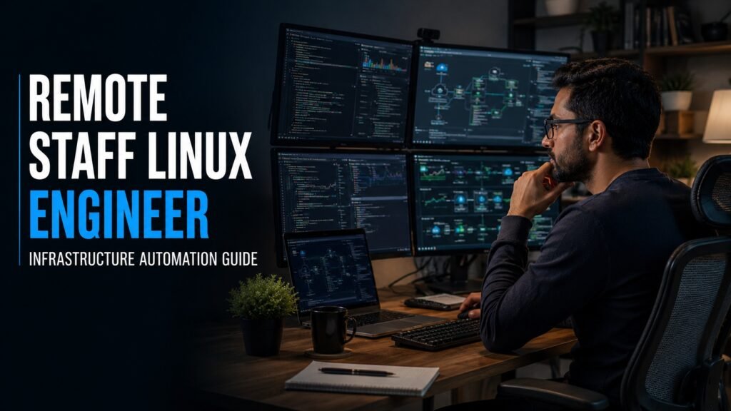 Remote Staff Linux Engineer Jobs: Infrastructure Automation Career Guide Remote Staff Linux Engineer managing Linux infrastructure, automation workflows and cloud systems from a professional home office.