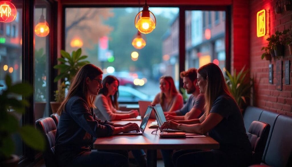 Diverse remote workers driving social impact and community development in 2025 through flexible work in cafes, homes, and co-working spaces.
