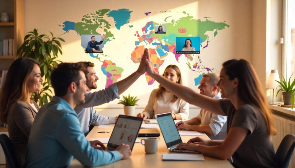 Diverse remote team collaborating online with video calls and messaging apps to build a strong work community in 2025.