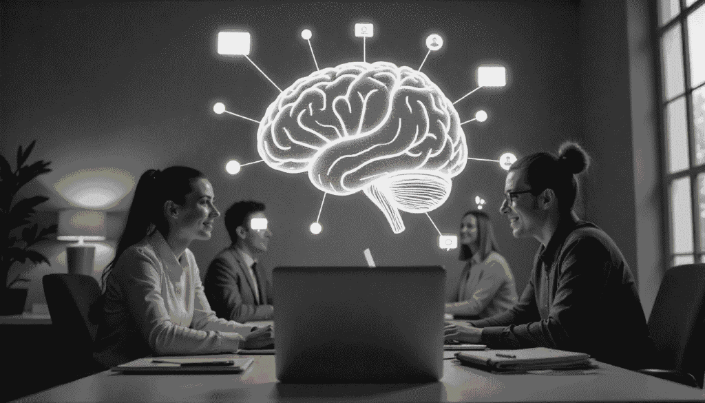AI-powered digital brain connecting a global remote team with collaboration tools and video calls