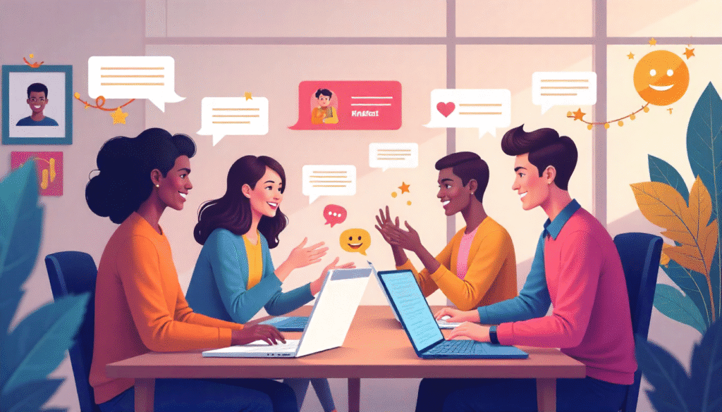 Building a Culture of Feedback and Appreciation in Remote Teams Remote team giving feedback and appreciation over video call with kudos badges and smiles