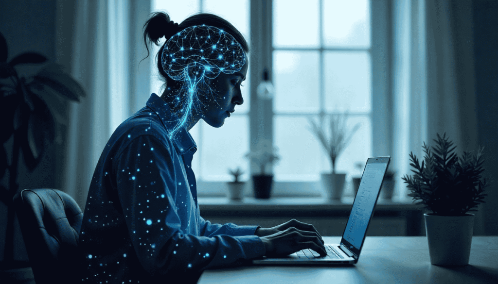 A conceptual illustration of AI ethics in remote work, showing a data-overlaid employee at a laptop, representing privacy and algorithmic oversight.