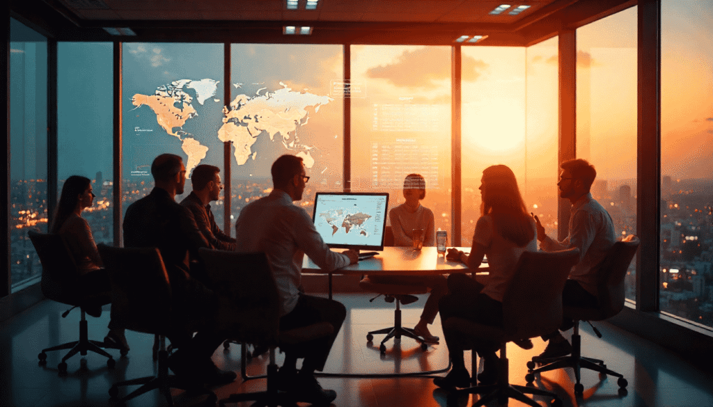 The Future of Work in a Borderless and Interconnected World: Trends Shaping 2025 and Beyond Future of work in 2025: Global remote team collaborating via AI, VR, and digital workspaces in a borderless economy.