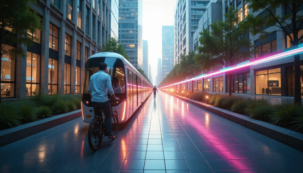 Futuristic transportation in 2025 with flying cars, high-speed rail, and smart city infrastructure for remote workers.