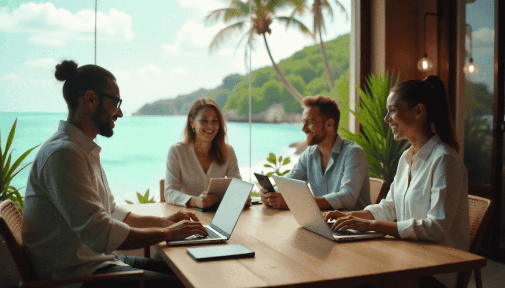 Diverse team of professionals enjoying high-paying remote jobs from around the world in 2025, including a beach, home office, cafe, and mountain cabin.