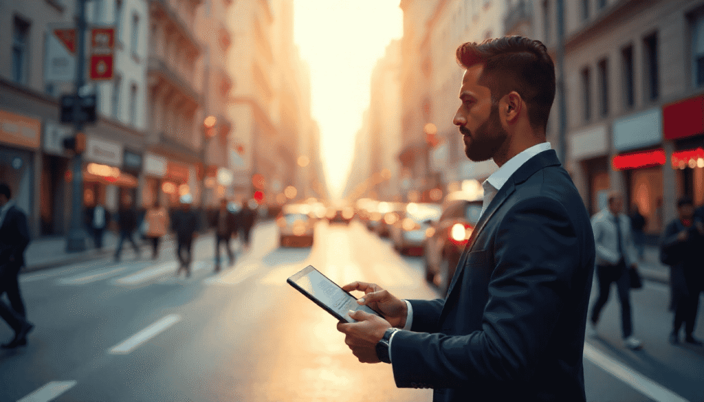 A business manager leverages an AI automation dashboard on his tablet to efficiently manage workflows and automate tasks.
