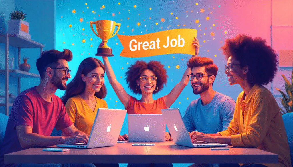 Motivating and Engaging Remote Employees: Recognizing Achievements and Fostering a Positive Work Environment Remote team celebrating achievements with virtual recognition and rewards to boost engagement in 2025