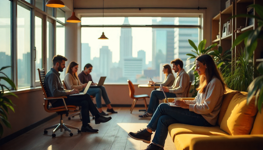 The Rise of Remote Work Hubs and Co-living Spaces: Reimagining Urban Living in a Digital World Modern co-living and remote work hub with professionals collaborating in a stylish shared workspace, 2025