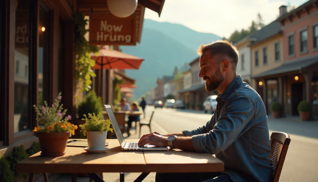 The Impact of Remote Work on Rural Communities: Revitalization, Economic Growth, and New Opportunities Remote worker in a small town café boosting rural economic growth with laptop and coffee