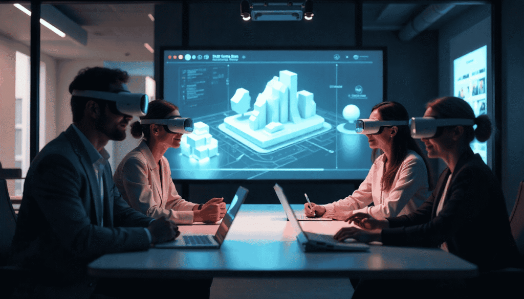 The Future of Work: How VR & AR Are Revolutionizing Remote Collaboration & Training VR and AR for remote collaboration and training in 2025 – futuristic virtual meeting with 3D holograms and team interaction.