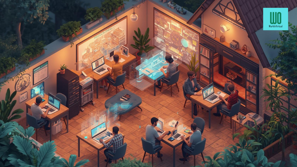 Co-working Automation A 3D isometric scene of an AI-powered coworking space inside a small town. Automated lighting, smart coffee machines, holographic AI assistants, digital screens showing predictive urban planning. Remote workers of diverse backgrounds collaborating, laptops open, vibrant and modern but cozy atmosphere.