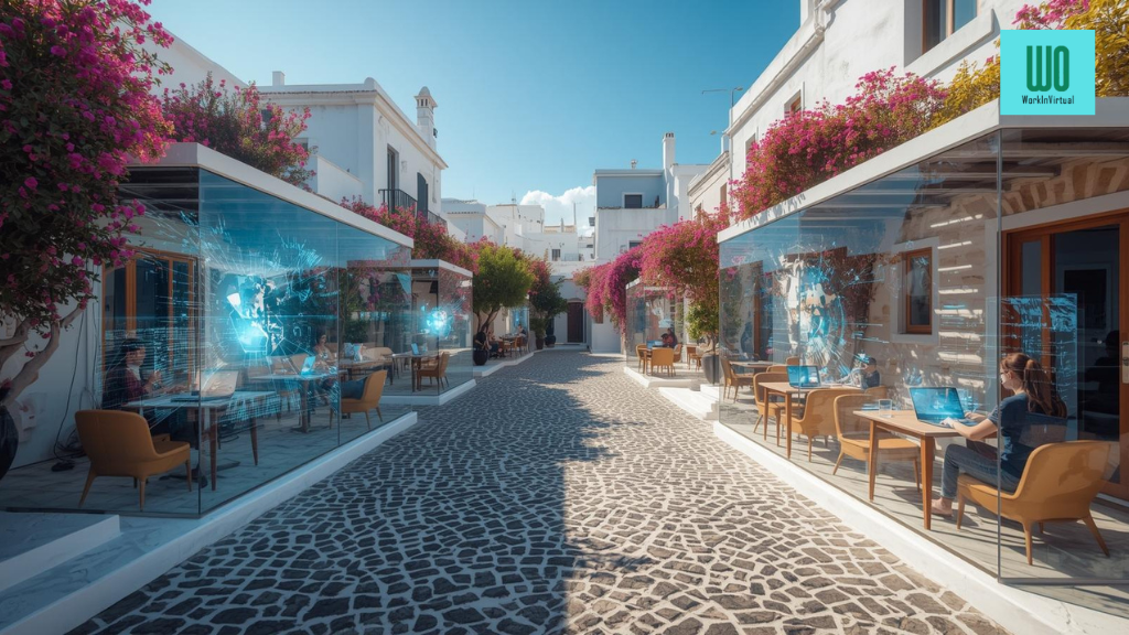 The Surprising Way Digital Nomad Villages Are Transforming Small Towns With AI A futuristic digital nomad villages in a Mediterranean coastal town, with cobblestone streets, modern glass coworking hubs, AI-powered energy grids glowing with holographic displays, and remote workers sitting outdoors with laptops. Bright natural lighting, ultra-realistic 3D render, cinematic wide-angle view, balance of tradition and technology.