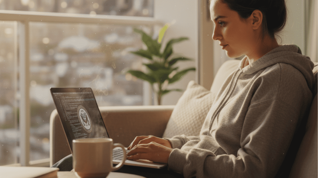 Balanced lifestyle concept — a relaxed remote government tech worker working on a laptop from home US Government jobs-Balanced lifestyle concept — a relaxed remote government tech worker working on a laptop from home