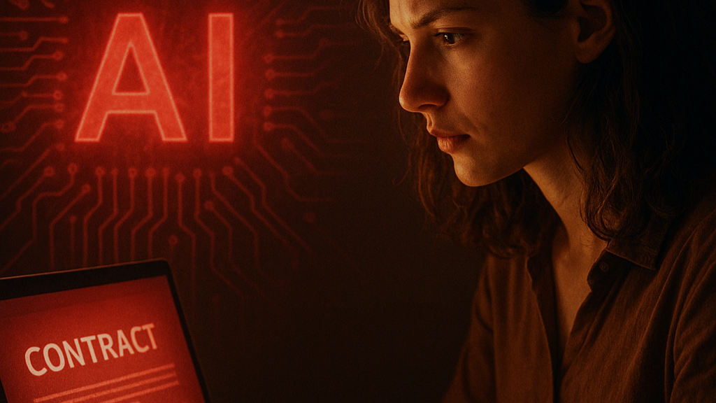 Contract Code Red: Generative AI is Drafting Your Next Deal, Voids IP & Liability A young woman works intently on a laptop glowing with a red “CONTRACT” document, while a futuristic red “AI” symbol and circuit patterns illuminate the background, symbolizing the risks of AI-drafted contracts.
