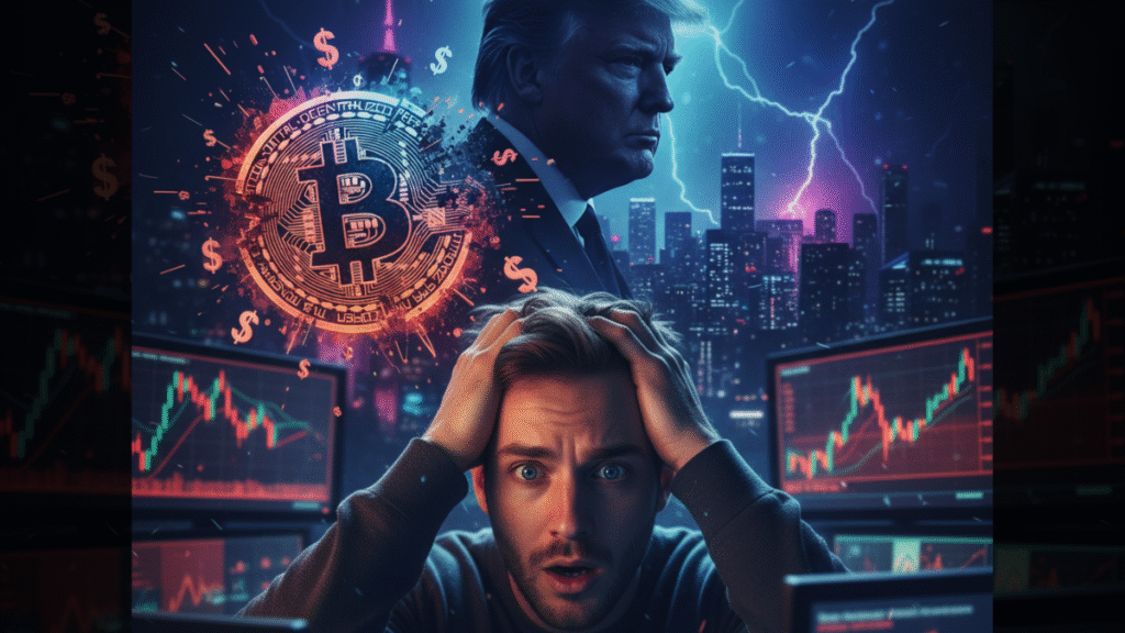 Bitcoin market crash with dramatic visuals.