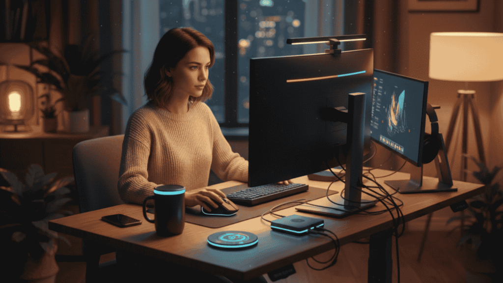 The Hottest Remote Work Gadgets Every US Professional Needs in Their Home Office A US remote worker with her remote work gadgets