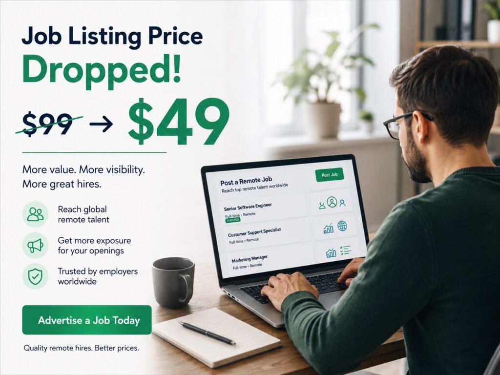 Advertise Remote Jobs for $49 WorkinVirtual employer job advertising offer showing remote job listing price reduced from $99 to $49.