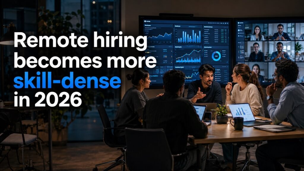 Distributed remote professionals collaborating around digital workflow systems as US hiring strategies shift toward skill-dense remote teams in 2026.