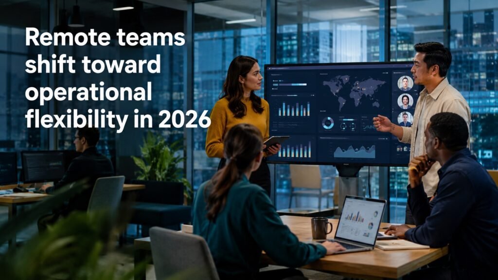 Remote professionals collaborating in a modern digital workplace as companies shift toward operational flexibility and selective remote hiring in 2026.