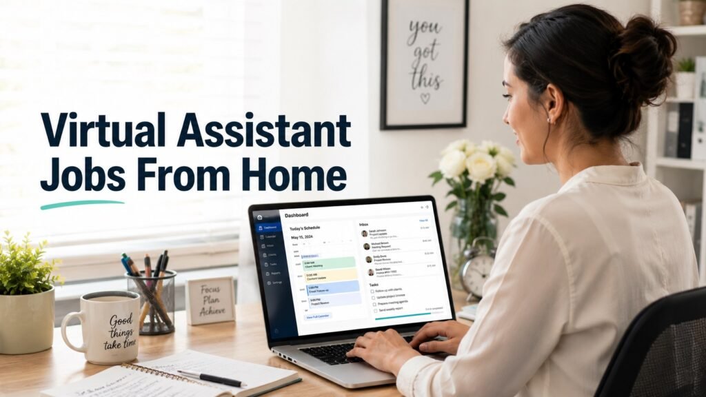 How Beginner Virtual Assistants Are Finding Flexible Remote Work in 2026 Remote virtual assistant managing scheduling and inbox tasks from a professional home office