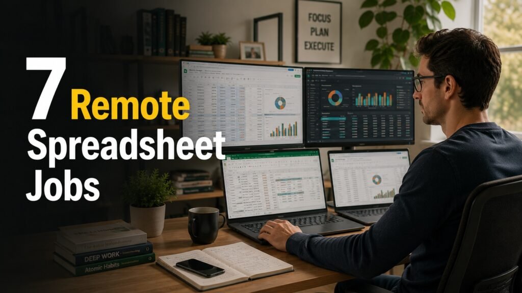 7 Remote Spreadsheet Jobs Beginners Can Do From Home in 2026 Remote professional working with spreadsheets and business reports from a home office