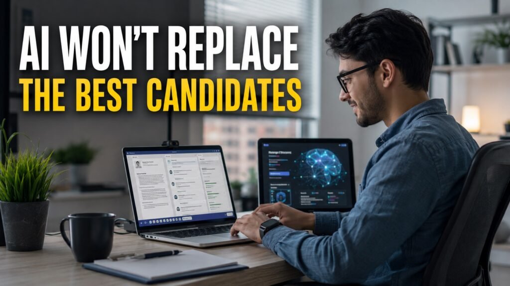 Entry-level remote job seeker using AI productivity tools to prepare job applications in a modern home office.
