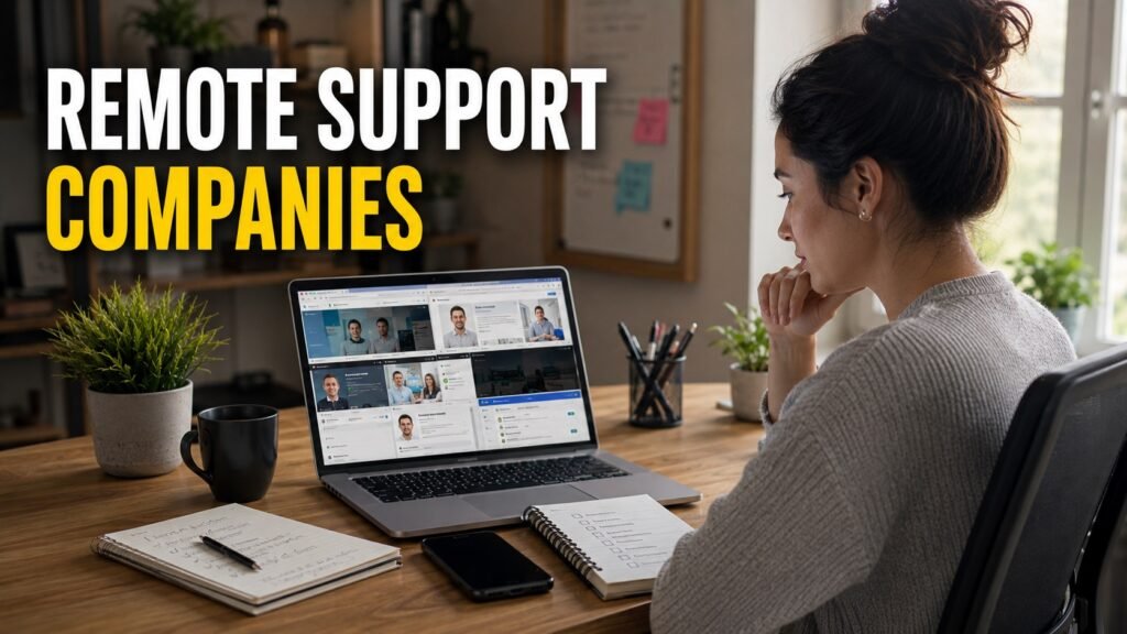 Remote customer support job seeker reviewing company career pages and preparing applications.