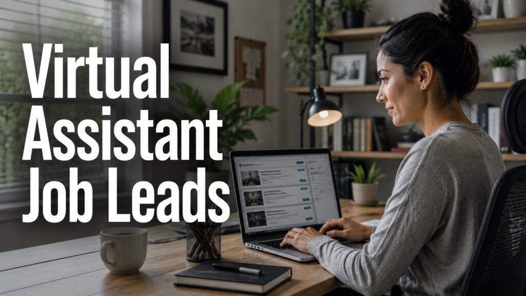 Remote virtual assistant job seeker reviewing company career pages from a home office