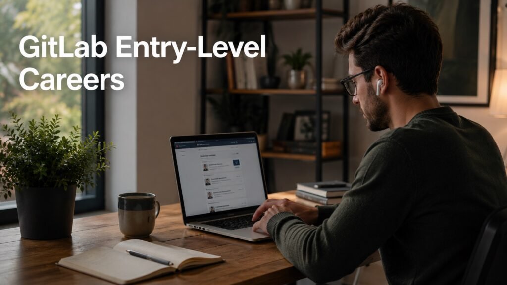 Professional job seeker exploring GitLab entry-level remote career opportunities from a home office