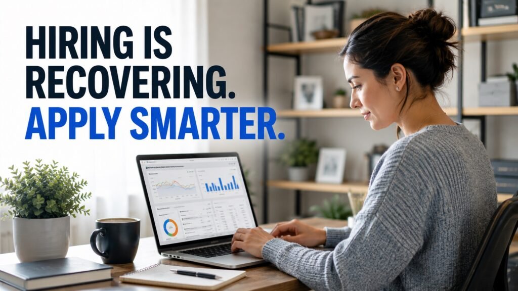 Remote job seeker reviewing applications as hiring activity improves while competition remains high.