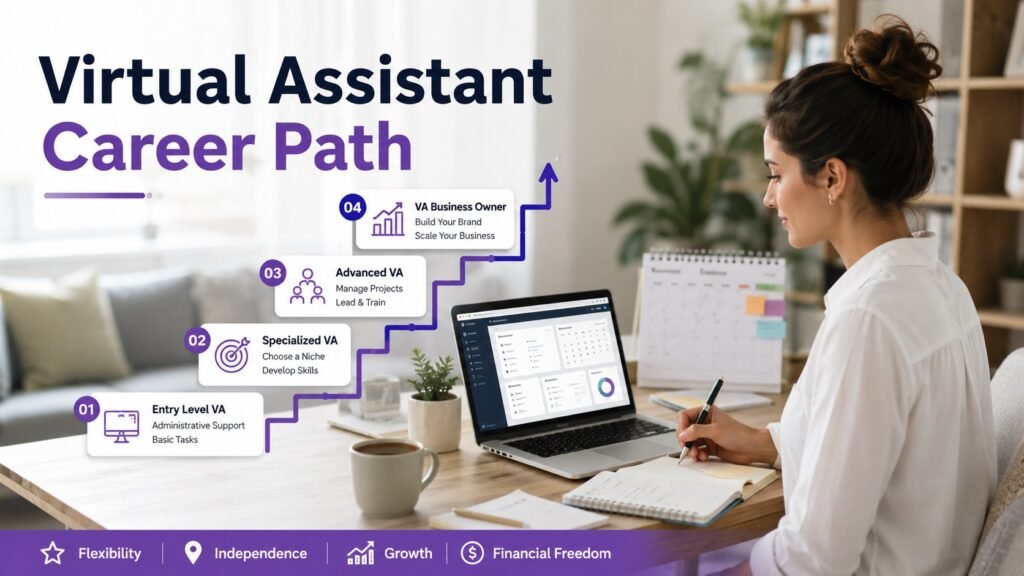 Virtual Assistant Career Path: Where Can a Beginner VA Be in 5 Years? Professional virtual assistant building a long-term remote career from home
