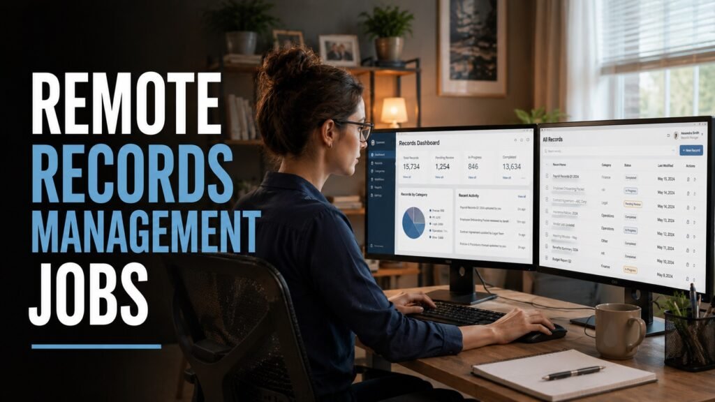 Online Records Management Jobs: A Beginner-Friendly Remote Career Path in 2026 Remote records management professional organizing digital documents from a home office