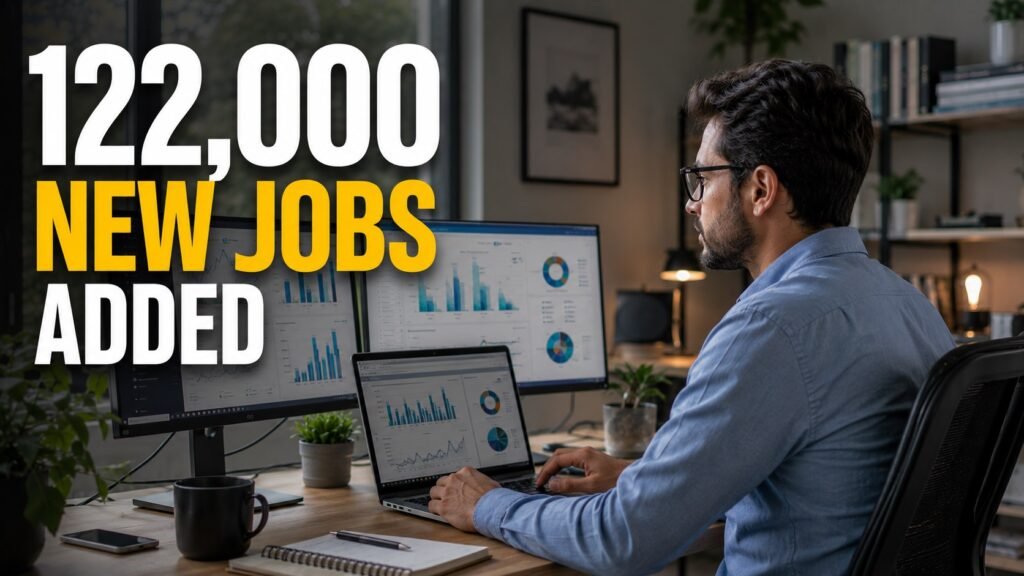 Remote job seeker reviewing hiring opportunities after private sector employers added 122,000 jobs.